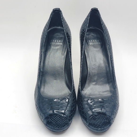 Stuart Weitzman, Blue/Black Snake Skin PeepToe Heels. Size 8M.  #1213 - Picture 2 of 9